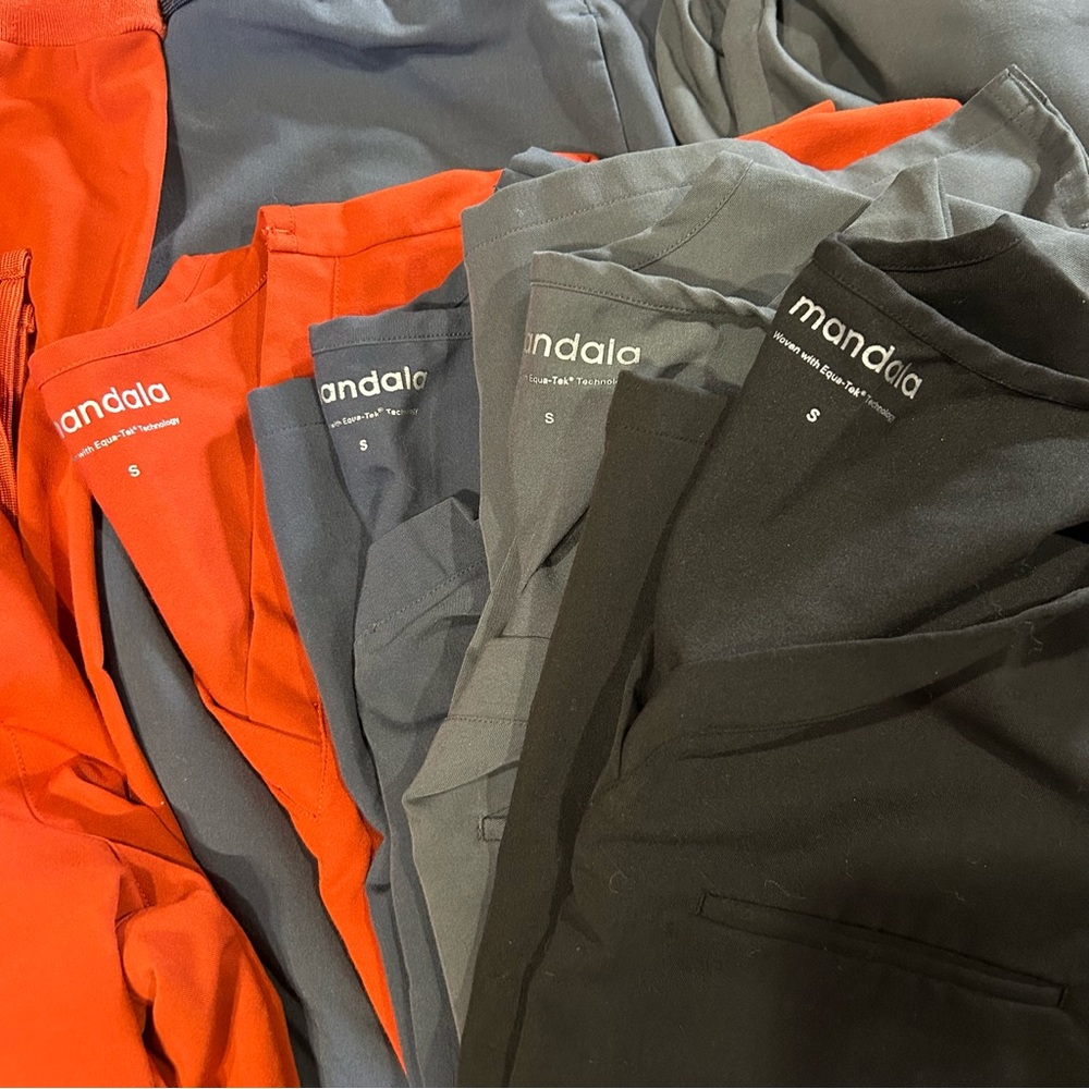 4 sets of Mandala Scrubs. Small tops, Small petite jogger bottoms.